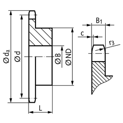 Kettenrad KRS mit einseitiger Nabe 04 Tlg. 6mm 27 Zähne Mat. Stahl , Technische Zeichnung